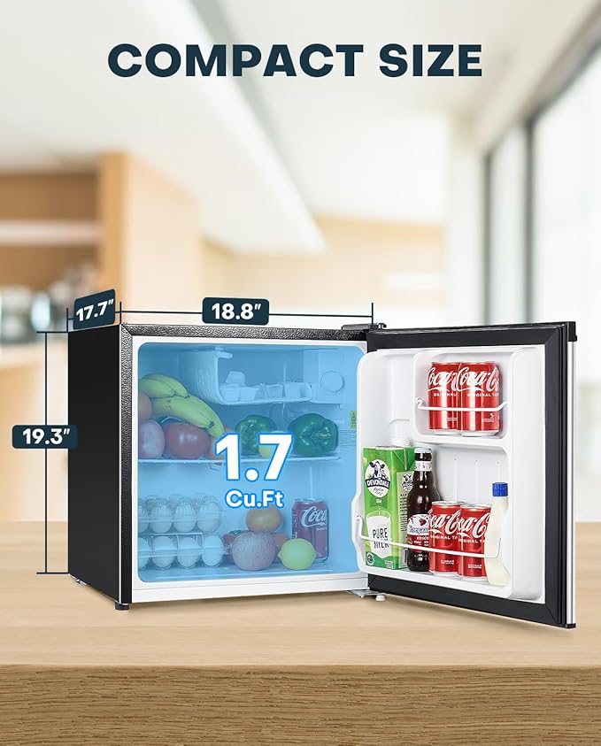 Upstreman 1.7 Cu.ft Mini Fridge with Freezer, Dorm Essentials, Adjustable Thermostat, Energy Saving, Low Noise, Single Door Compact Refrigerator for Dorm, Office, Bedroom, Stainless- FR17