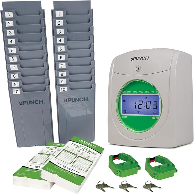 uPunch HN3500 Advanced Time Clock Bundle for Small Business: Complete Employee Time Tracking System with 100 Time Cards, 2 Racks, 2 Ribbons, and 6 Keys