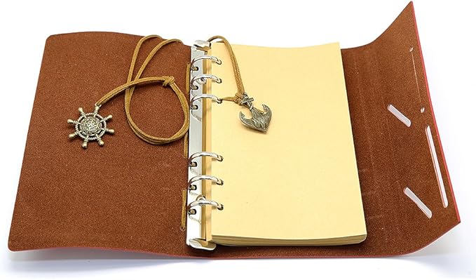 EvZ Leather Writing Journal Notebook, 7 Inches Vintage Nautical Spiral Blank String Diary Notepad Sketchbook Travel to Write in, Unlined Paper, Retro Pendants, Classic Embossed, Black