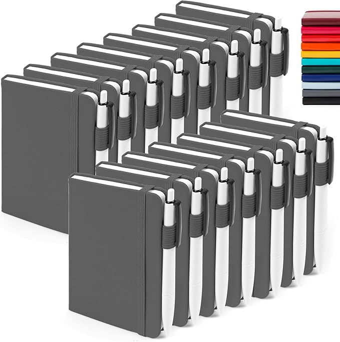 feela 15 Pack Pocket Small Notebooks Bulk, Mini Cute Notepads Hardcover College Ruled Lined Journals with Pen Holder for School Business Memos, with 15 Black Pens, 3.5”x 5.5”, A6, Gray