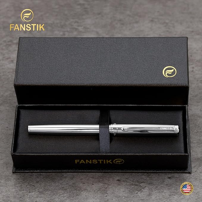 Silver Luxury fountain pen (Made In USA) fancy gift set for women, Chrome Finish, Professional executive pen gift set for men (Lux fountain Silver)