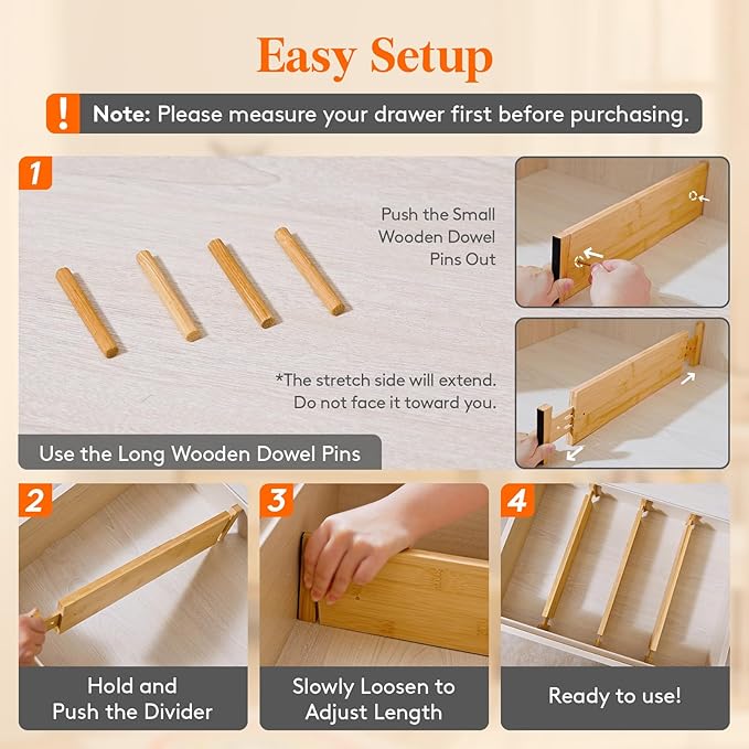 Lifewit 4 Pack Drawer Dividers Bamboo 4" High, 16-22" Adjustable Drawer Organizers for Clothes, Expandable Dresser Separators in Bedroom/Bathroom/Kitchen/Fridge/Office Organization and Storage