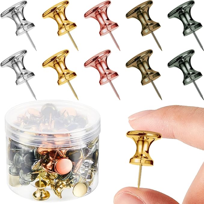 Outus 100 Pcs Giant Push Pins Large Thumb Tacks Plastic Heads 1 Inch Jumbo Push Pins for Cork Board Map Posters Office School(Gold, Silver, Bronze, Rose Gold, Gray)