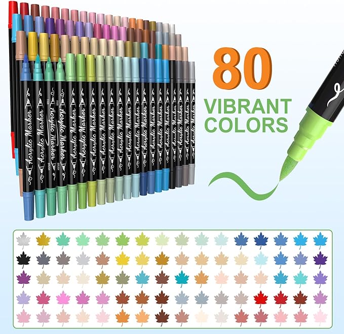 80 Colors Acrylic Paint Markers, Waterproof Dual Tip Acrylic Paint Pens with Brush and Fine Tip, Markers Set for Paper, Rock, Wood, Canvas, Glass, Ceramic and DIY Crafts Making Art Supplies