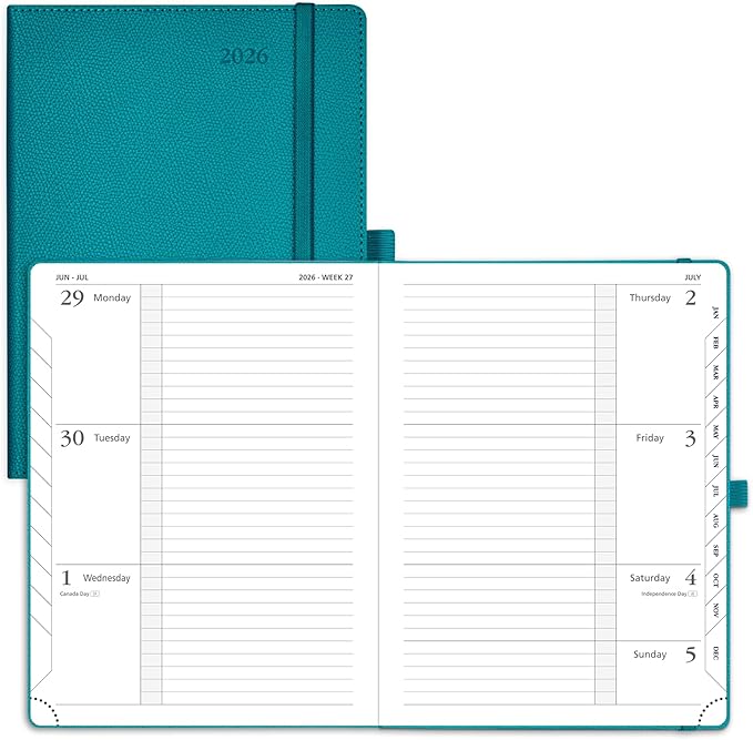 POPRUN Weekly Planner 2026 Calendar (Medium 6.75" x 8.75") 12 Months Notebook with Horizontal Layout, Leather Hardcover, Inner Pocket, 100GSM Thick Paper, Pen Holder - Pacific Green