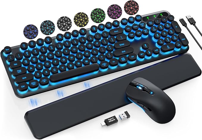 Wireless Keyboard and Mouse Backlit - Typewriter Keyboard with Detachable Wrist Rest, Retro Round Keycaps, Light Up Letters, 2.4G Cordless Combo for Mac, Windows, PC, Laptop, Trueque [2024 Upgraded]