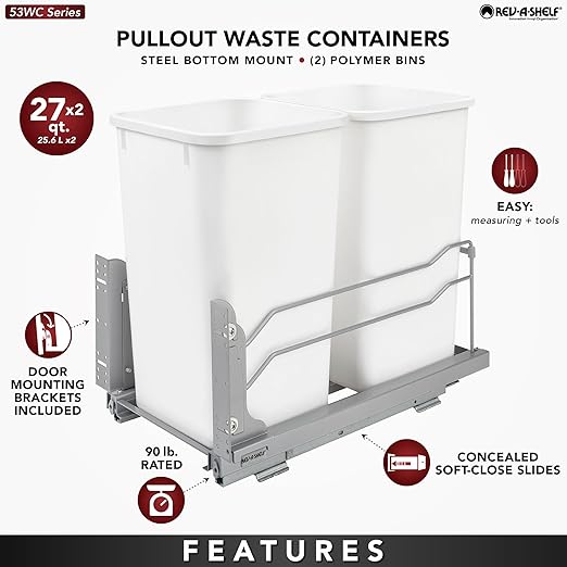 Rev-A-Shelf Double Pullout Trash Can for Base Kitchen Cabinets 27 Quart 12.5 Gallon with Soft-Close Slides, Metallic Silver, 53WC-1527SCDM-217