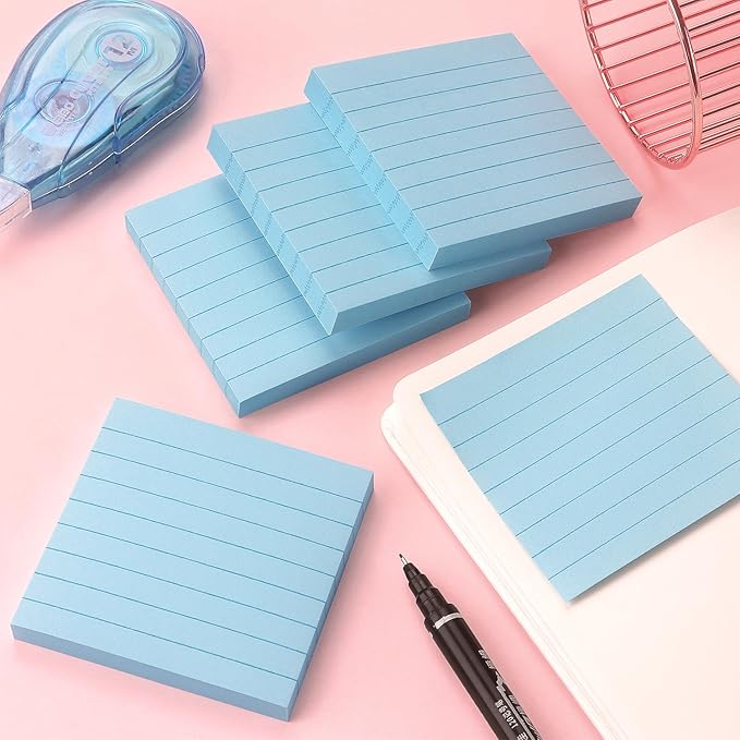 Lined Sticky Notes 3x3 Sticky Notes with Lines Self-Stick Notes Bright Color 4 Pads 90 Sheets/Pad (Light Blue)