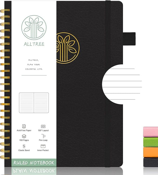Alltree Lined Journal Notebook, Spiral Notebook for Work, Leather Hardcover Spiral Notebook with Tabs, Pen Loop, Pocket, Stickers, 160 Pages, Journal for Women & Men, Black(6"x8.5")
