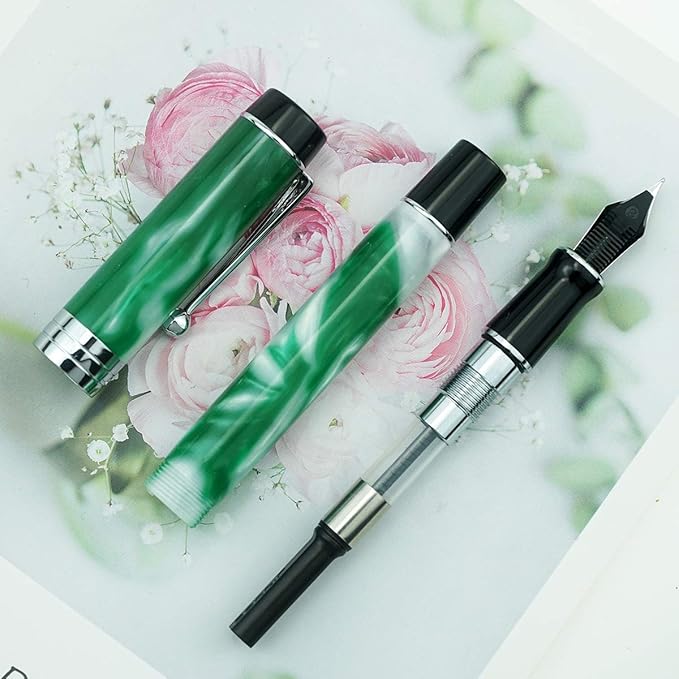 Jinhao 100 Fountain Pen Celluloid Classic Style, #6 Nib Smooth Writing Instrument with Refillable Converter and Pen Case Set