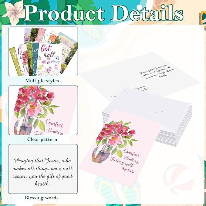 36 Sets Christian Get Well Soon Cards with Scripture Assorted Religious Bible Verse Wishing You Well Greeting Cards with Envelope(Printing Floral)