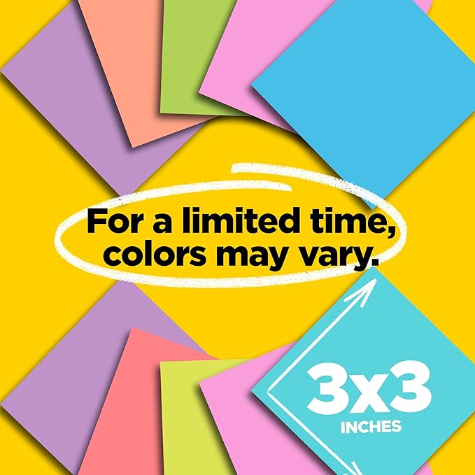 Post-it Super Sticky Notes, 24 Sticky Note Pads, 3 x 3 in., School Supplies, Office Products, Sticky Notes for Vertical Surfaces, Monitors, Walls and Windows, Supernova Neons Collection