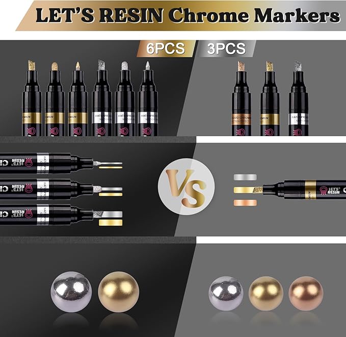 LET'S RESIN 6Pcs Mirror Chrome Markers,3 Sizes Shiny Chrome Paint Pen with Large Barrel, Quick Dry Oil-based Silver & Gold Markers for Metal, Resin, Model Painting, Marking or DIY Art（1-5mm