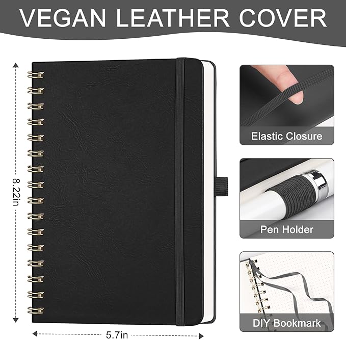 AHGXG Bullet Dotted Journal Spiral Notebook, Hardcover Leather Dotted Notebook 140 Pages, A5 Dot Grid Paper Notebook, 100 gsm Thick Paper, for Bullet Journaling, 5.7" x 8.3", Black