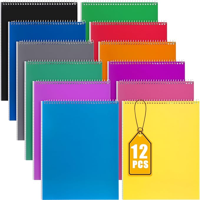 Faccito 12 Pack Top Steno Spiral Notebooks Bulk Top Bound Steno Pads Spiral Book11 x 8-1/2" 100 Sheets College Ruled Paper Notebooks for Office School University Work Supplies (Assorted Colors)