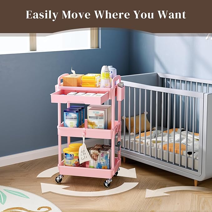 3 Tier Rolling Utility Cart with Drawer, Utility Storage Organizer with Plastic Shelf & Lockable Wheels Multifunctional Storage Cart for Kitchen, Bathroom, Office, Living Room, Pink