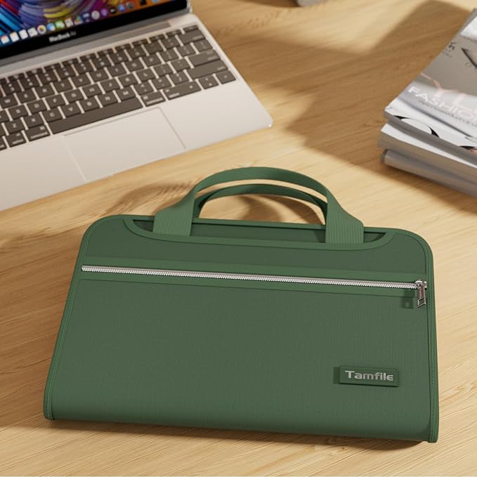 Tamfile Fireproof Accordion File Organizer with Handle, 13 Pocket Expanding File Folder with Zipper & Labels, File Folder with Multi-Pockets Paper Organizer Folder for Letter A4 Files, Green