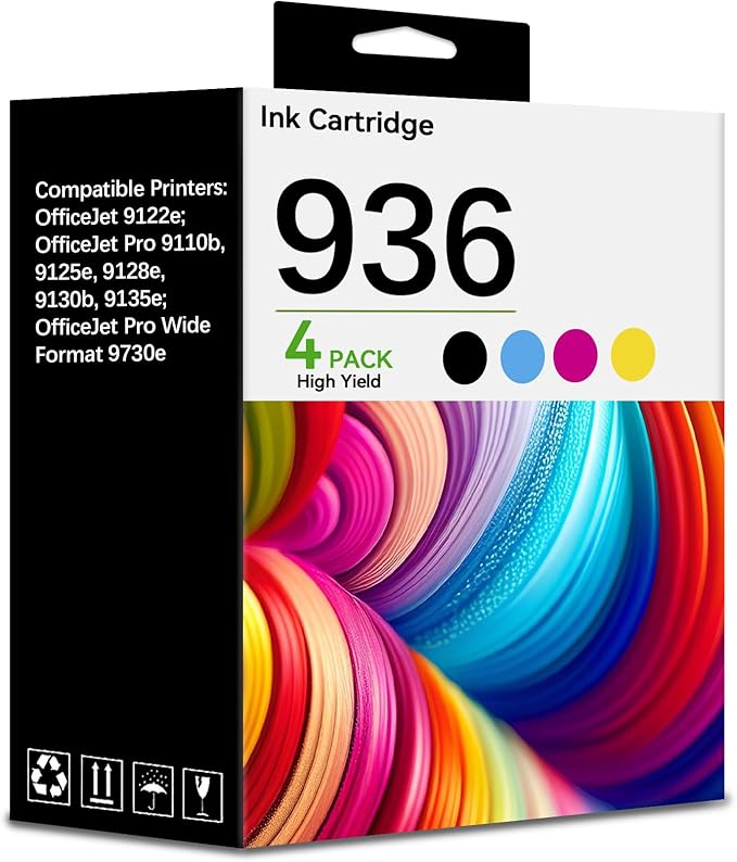 936 936e Extra High Capacity Ink Cartridges for HP 936 936e 936XL Ink Work with OfficeJet Pro 9110b 9128 9130b 9125e 9135e 9122e 9730e Printers (4-Pack Black Cyan Magenta Yellow)
