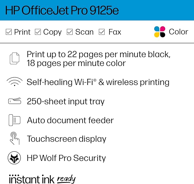 HP OfficeJet Pro 9125e All-in-One Printer, Color, Printer-for-Small Medium Business, Print, Copy, scan, fax,Touchscreen; Smart Advance Scan, 3 month Instant Ink trial included