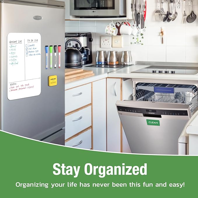 Magnetic Dry Erase Board: Large Fridge Whiteboard, Flexible Refrigerator Magnet White Board, Blank Writing Note Sheet with Dishwasher Magnet Clean Dirty Sign, 4 Markers & Eraser - 23 x 15
