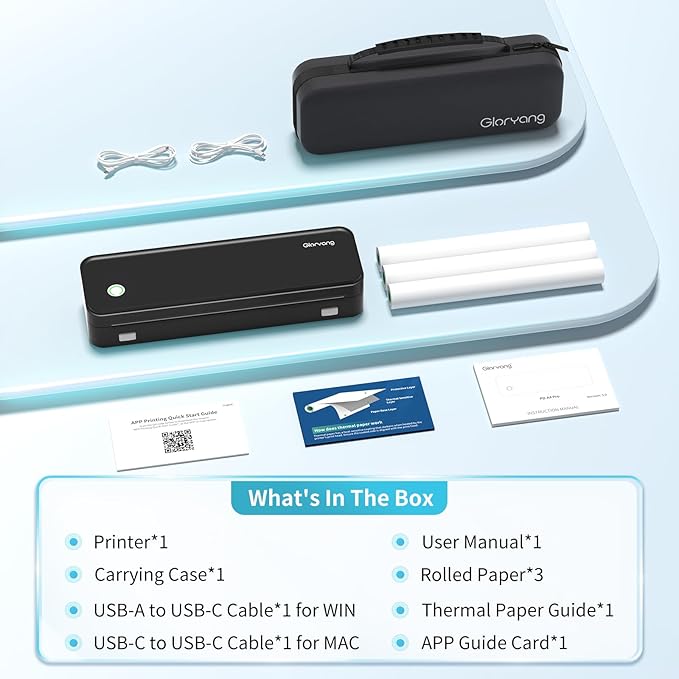 300DPI Portable Printer Wireless for Travel, Inkless Small Bluetooth Printers for Home Use, Compatible with Mobile Phone & Laptop, Support 8.5 x 11 Inch & A4 Thermal Printer Paper, Black