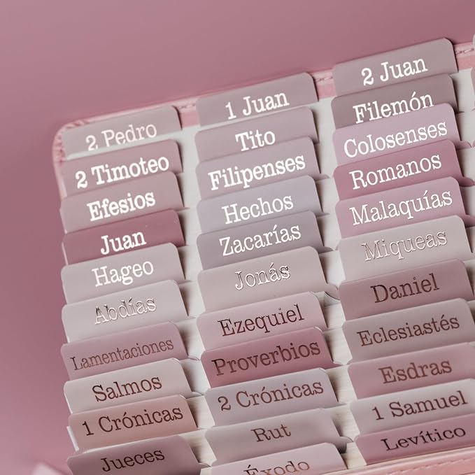 UPAFEXXI-Spanish Laminated Bible Tabs for Women and Men(Gold Foil Embossed Lettering) Pestañas de la Biblias, 80 Reposition Large Print tabs, Easy to Read and Apply(Pink)