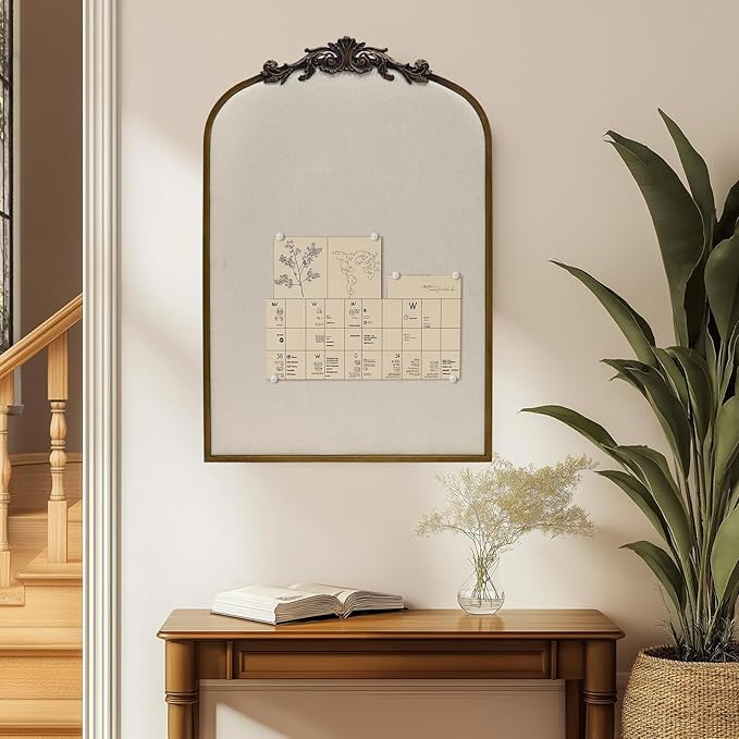 Arch Fabric Pinboard, Antique Gold Bulletin Boards 24"x36", Vintage Cork Board with Ornate Iron Frame for Wall Unique Display, Organization and Decor Options