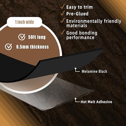 GSCIT Club Black Edge Banding, 1 inch x 50ft Melamine Edge Banding with Hot Melt Adhesive Preglued Cabinet Edge Banding Flexible Black Veneer Edging