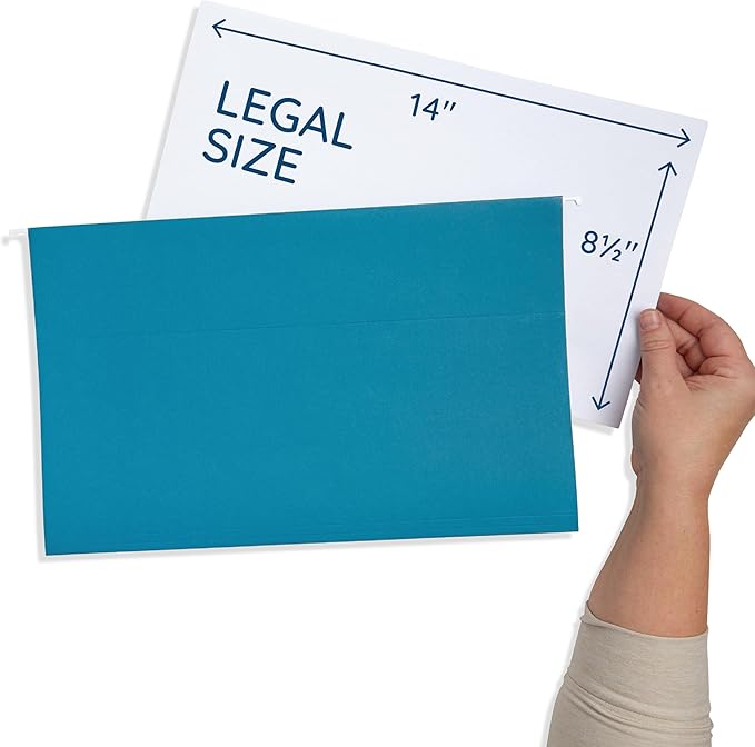 25 Blue Summit Supplies Colored Hanging File Folders Legal Size, Assorted Jewel Tone Colors, Legal Size Hanging File Folders with Plastic Tabs and Inserts, Durable 11pt Paper