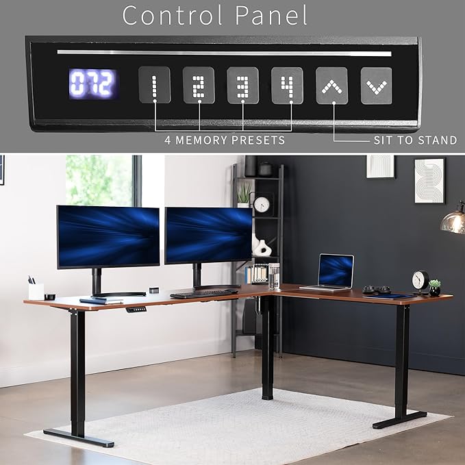 VIVO Electric Corner L-Shaped 84 x 63 in Standing Desk, Memory Height Adjustment, Dark Walnut Top Black Frame, DESK-E3CTBD-84