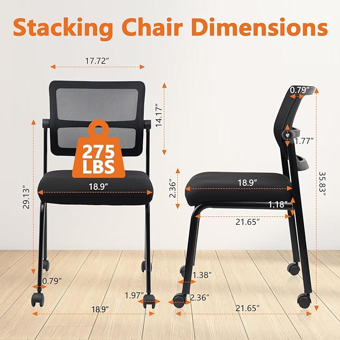 CLATINA Stacking Chairs 8 PK, Adjustable Backrest Stackable Mesh Office Waiting Room Armless Chair with Wheels for Guest Reception Conference Lobby Side School, Black