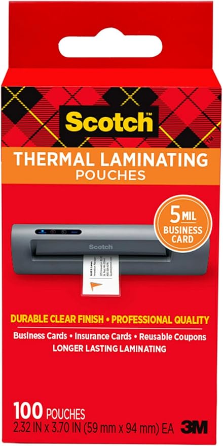 Scotch Thermal Laminating Pouches, 100 Count, Clear, 5 mil., Laminate Homemade Ornaments, Christmas Banners and Gift Tags, Ideal Holiday Supplies, Fits Business Card Sized (2.3 in. × 3.7 in.) Paper