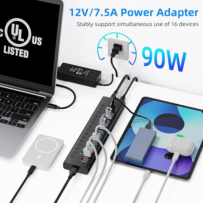 Powered USB 3.0 Hub, 16-Port USB C Hub Splitter (10 USB 3.0+2 QC 3.0+2 Smart Charging+2 USB-C 3.0) with Individual Switches, 12V 7.5A 90W UL Certified Power Adapter for Laptop, Mac, PC, Computer