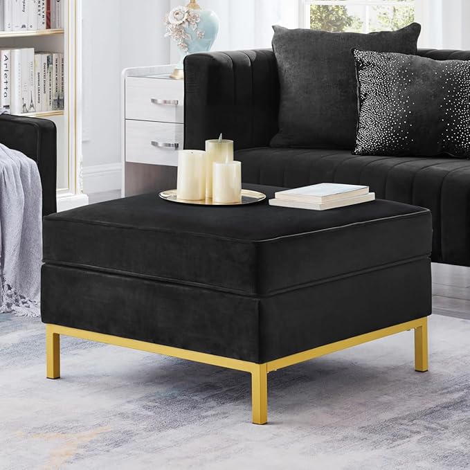 24KF Large Velvet Ottoman, Upholstered Padded Cushion Ottoman Table, Large Foot Rest for Living Room - Black