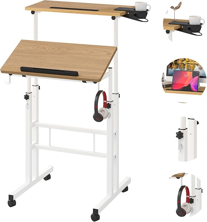 Klvied Stand Up Desk on Wheels, Portable Computer Desk for Home Office,Rolling Desk for Laptop with Removable Cup Holder, Adjustable Laptop Cart for Standing or Sitting,Khaki