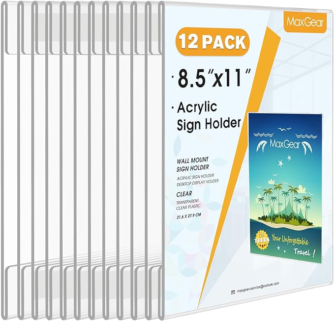 MaxGear 12 Pack Acrylic Sign Holder 8.5 x 11 Wall Mount Sign Holder with Double-Sided Tape, Clear Plastic Sign Holders, Plexiglass Document Flyer Acrylic Frame for Office, Home, Store, Restaurant