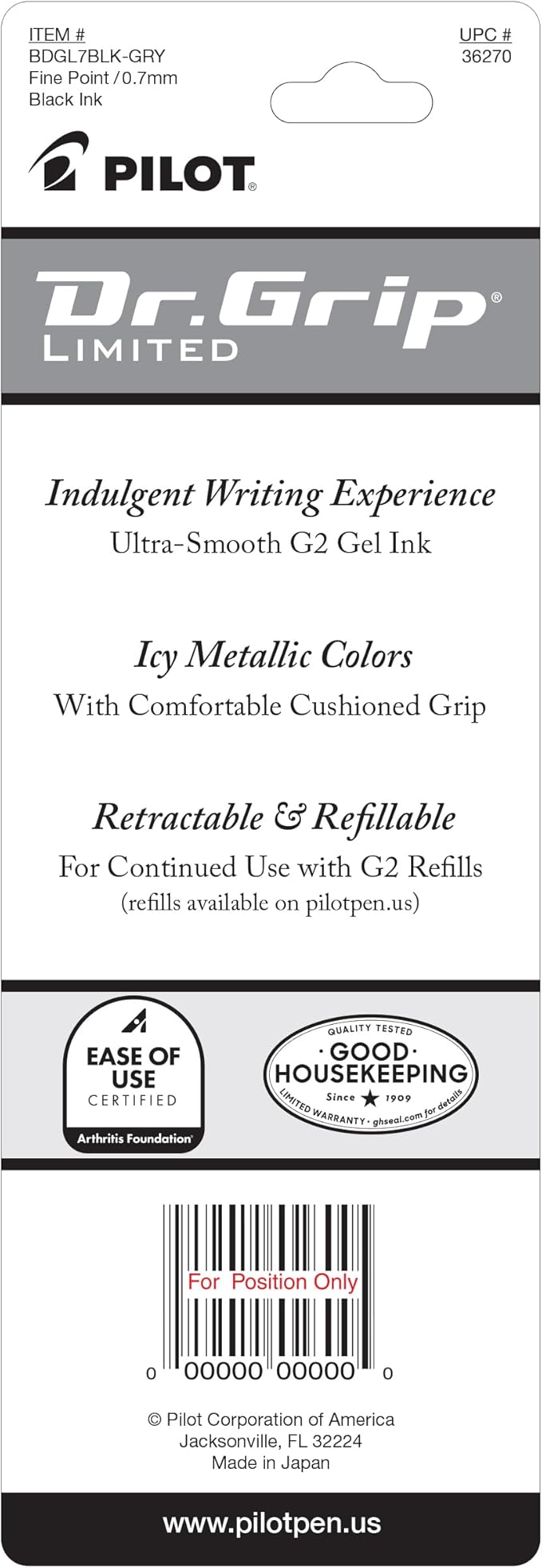 PILOT Dr. Grip Limited Refillable & Retractable Gel Ink Rolling Ball Pen, Fine Point, Metallic Charcoal Gray Barrel, Black Ink, Single Pen (36270)