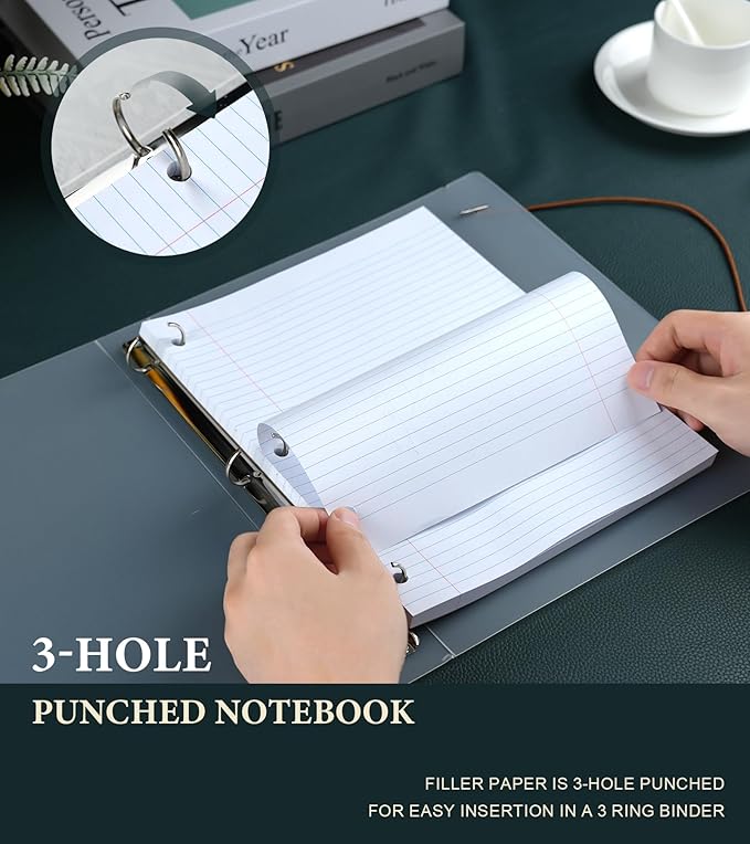 Notebook Paper 8 x 10.5 Inch, 2 Pack Loose Leaf Paper, Loose Leaf Paper College Ruled, Double-Sided Printing Lined Paper Notepad, 3-Ring Binders, 75 Sheets Per Pad, Filler Paper for Taking Notes