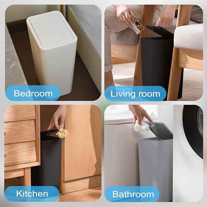 SHPMXUPW 3 Pack Bathroom Small Trash Can with Lid,10L / 2.6 Gallon Slim Garbage Bin Wastebasket with Pop-Up Lid for Bedroom, Office, Kitchen, Craft Room, Fits Under Desk/Cabinet/Sink