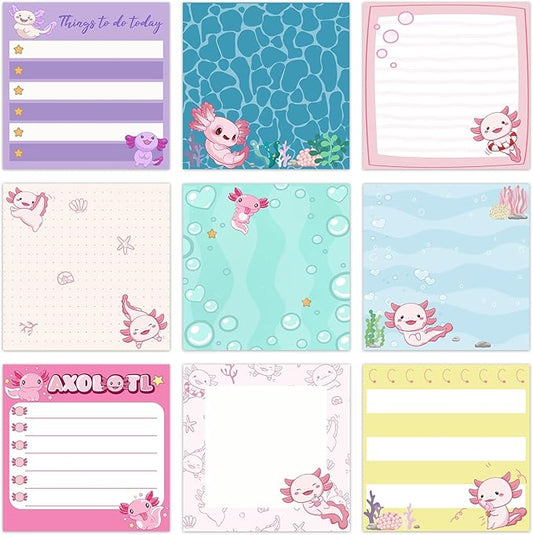 9 Pads Cute Sticky Notes Cartoon Animal Self Stick Notepads 3x3 Inches Notes Adhesive Memo Pad Office Decor Gifts for Students School Office Meeting(Axolotl)
