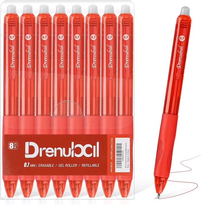 8-Pack Red Erasable Pens, Gel Pens,Red pens,Red Ink pens, 0.7mm Fine Point, Smooth Writing & Clean Erase Perfect for School, Office, Kids & Gift