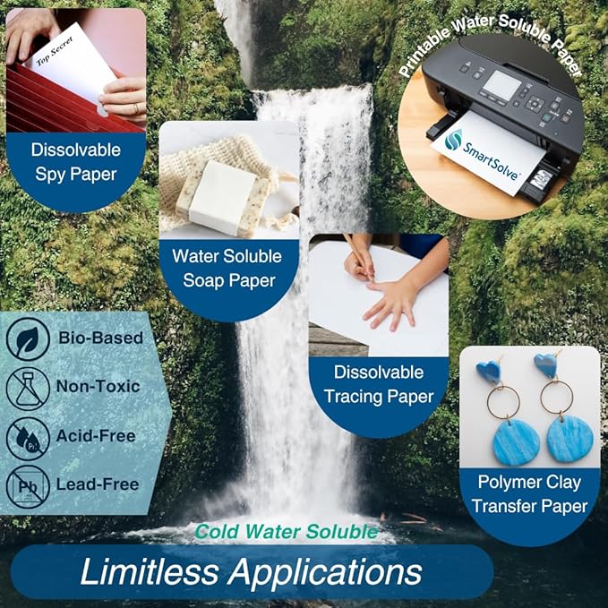 3 pt. Water-Soluble Paper | Dissolves Quickly in Water | Biodegradable | Eco-Friendly | Printer Compatible | Crafts, Drawing, Notes | Letter Size, 8.5” x 11” | Pack of 100 White Sheets