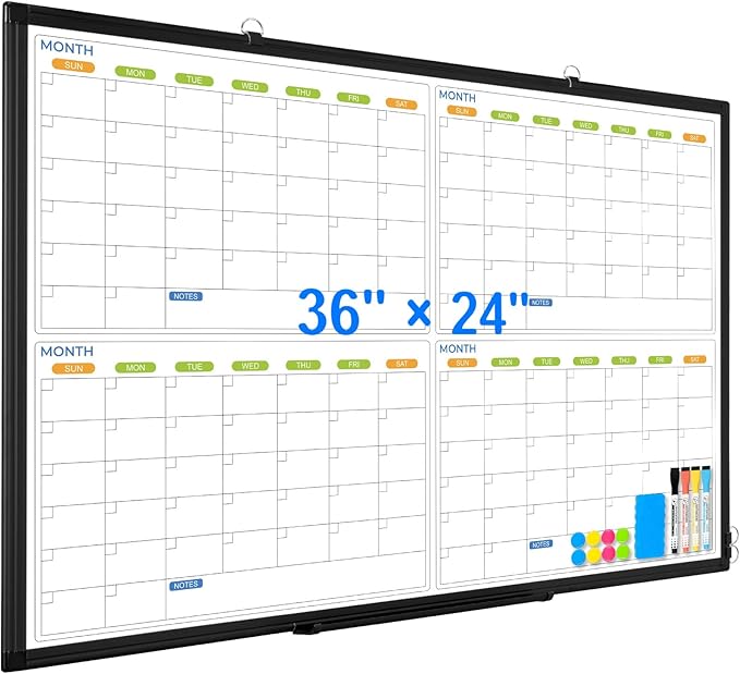 36" x 24" Magnetic Dry Erase Calendar Whiteboard, 4 Month Calendar White Board Planner, Black Aluminum Frame Wall Mounted Board for Office Home and School