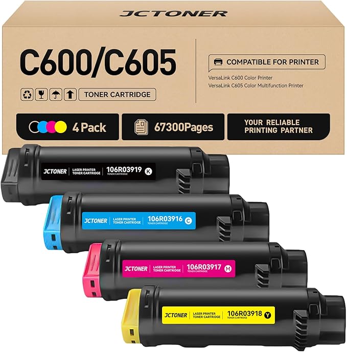 C600 C605 Toner Cartridges 4-Pack Compatible Replacement for VersaLink C600 C605 Color Multifunction Printer Copier Scanner 106R03919 106R03916 106R03917 106R03918 High-Yield Black Cyan Yellow Magenta