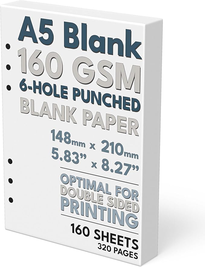 A5 Blank Paper, 160 GSM, 6-Hole Punched, 160 Sheets/320 Pages, White, 148mm x 210mm (5.83 in. x 8.27 in.)