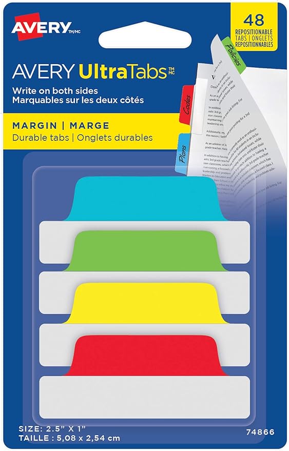 Avery Ultratabs Repositionable Margin Tabs, Two-Side Writable Index Tabs, 21/2" X 1", Assorted Primary Colours, 48 Tabs (74866)