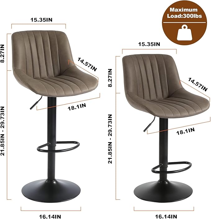 Bar Stool Set of 1, Adjustable PU Leather Bar Chairs, Swivel Counter Height Barstools with Back, Modern Armless Kitchen Island Stool, Brown
