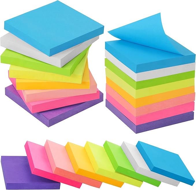 24 Pack Sticky Notes 3x3 Inches, 8 Bright Colors Self-Stick Notes, Strong Adhesive Sticky Memo Pads forHome Office School, 100 Sheets/Pad