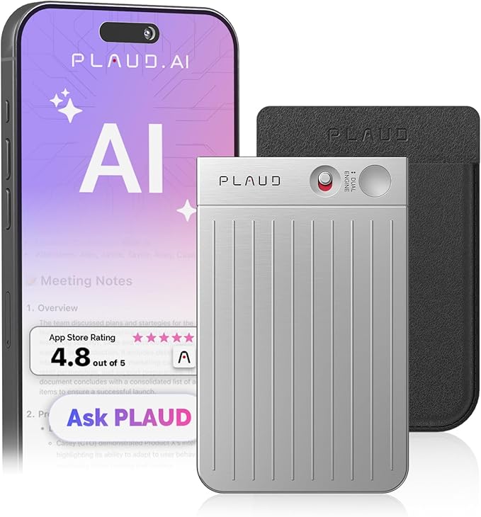 AI Voice Recorder, Note Voice Recorder w/Case, App Control, Transcribe & Summarize with AI Technology, Support 112 Languages, 64GB Memory, Audio Recorder for Lectures, Meetings, Calls, Silver