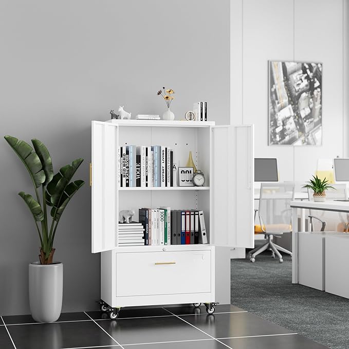 Aobabo Metal 1 Drawer Office File Cabinet with Lock and 2 Doors, Office Steel Files Cabinet with Wheels, Legal/Letter A4 Size, Assembly Required, White